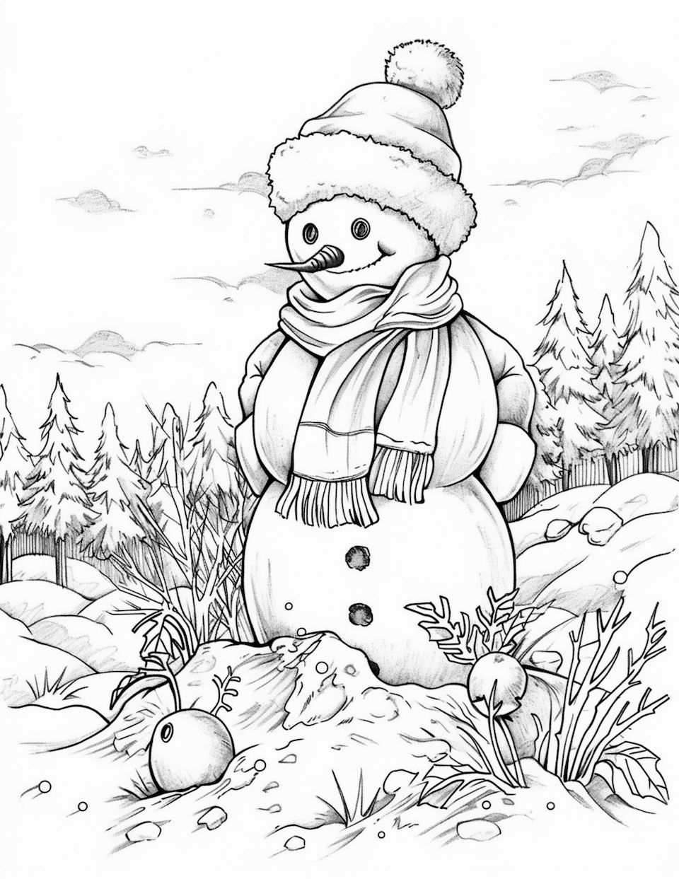 Snowman coloring pages for kids and adults