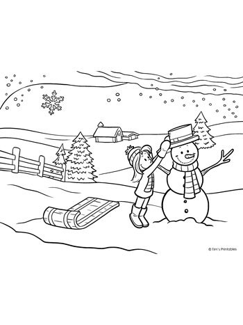 Winter coloring page â building a snowman â tims printables