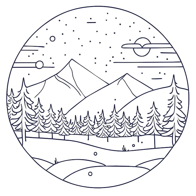 Premium vector a coloring book winter scene with a snowy landscape and a forest with a mountain in the background