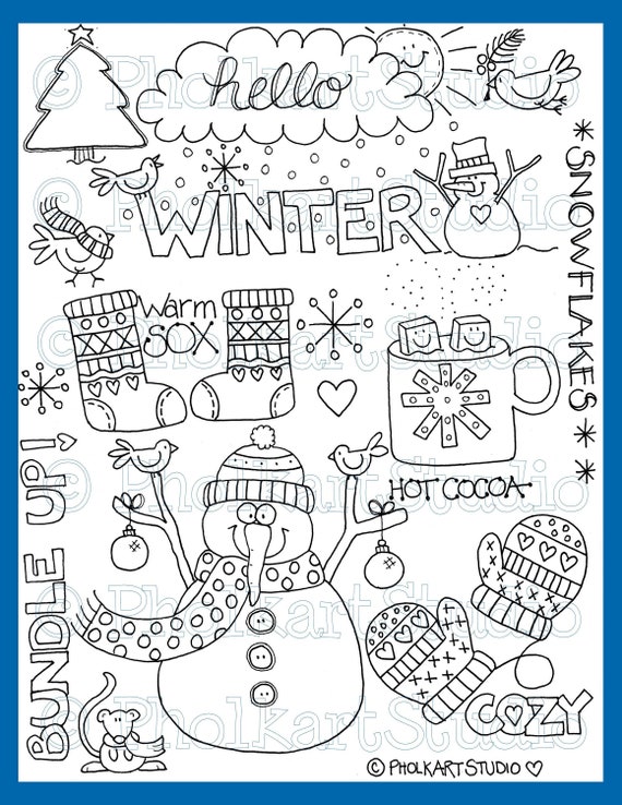 Kids coloring page hello winter childrens hand drawn printable coloring cute winter birds whimsical snowman bundle up pholkartstudio download now
