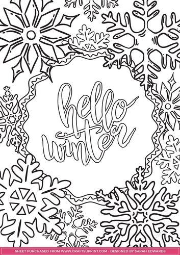 Hello winter snowflakes colouring page