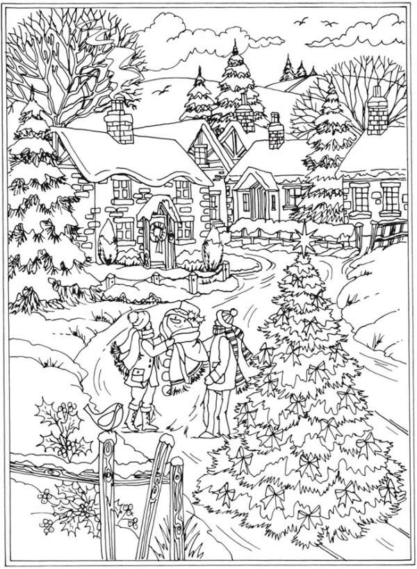 Winter scene coloring pages â