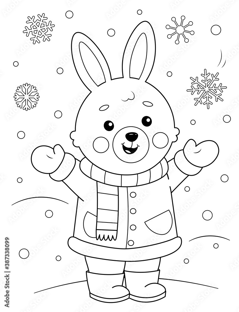 Coloring page of a cute cartoon bunny in winter clothes enjoying the snow coloring book for kids vector