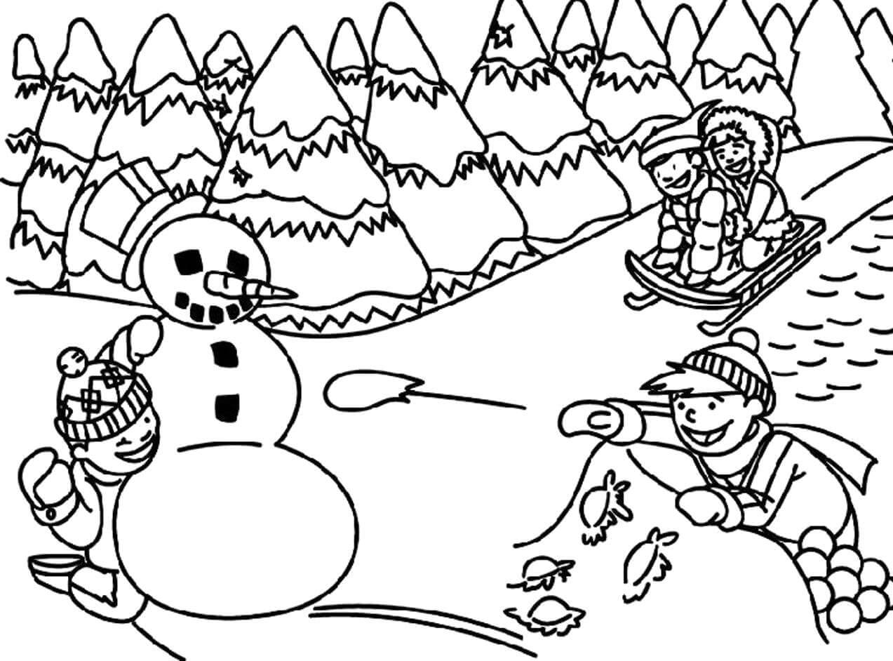 Four children with snowman in winter coloring page