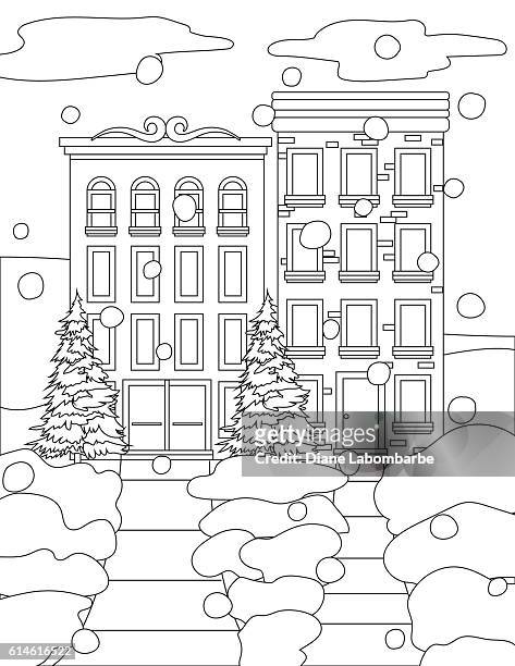 Winter houses in the snow coloring book page high