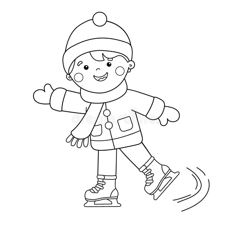 Coloring page outline of cartoon boy skating winter sports stock vector