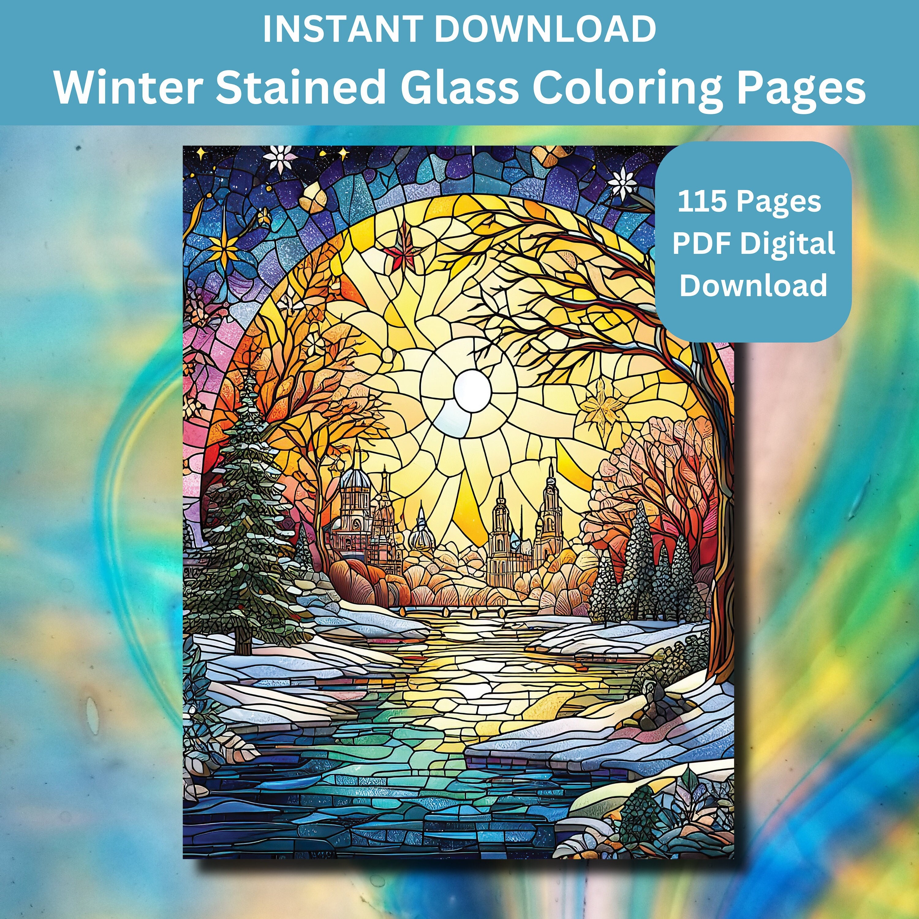 Winter stained glass coloring book collection pages for adults and kids printable pdf download