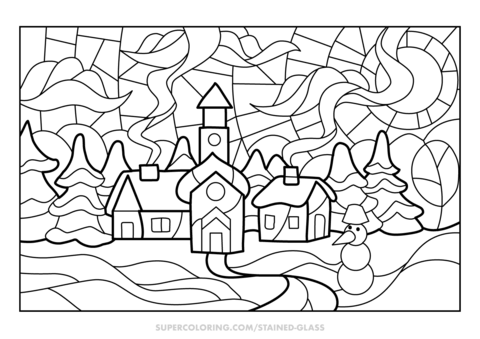 Winter town stained glass coloring page free printable coloring pages