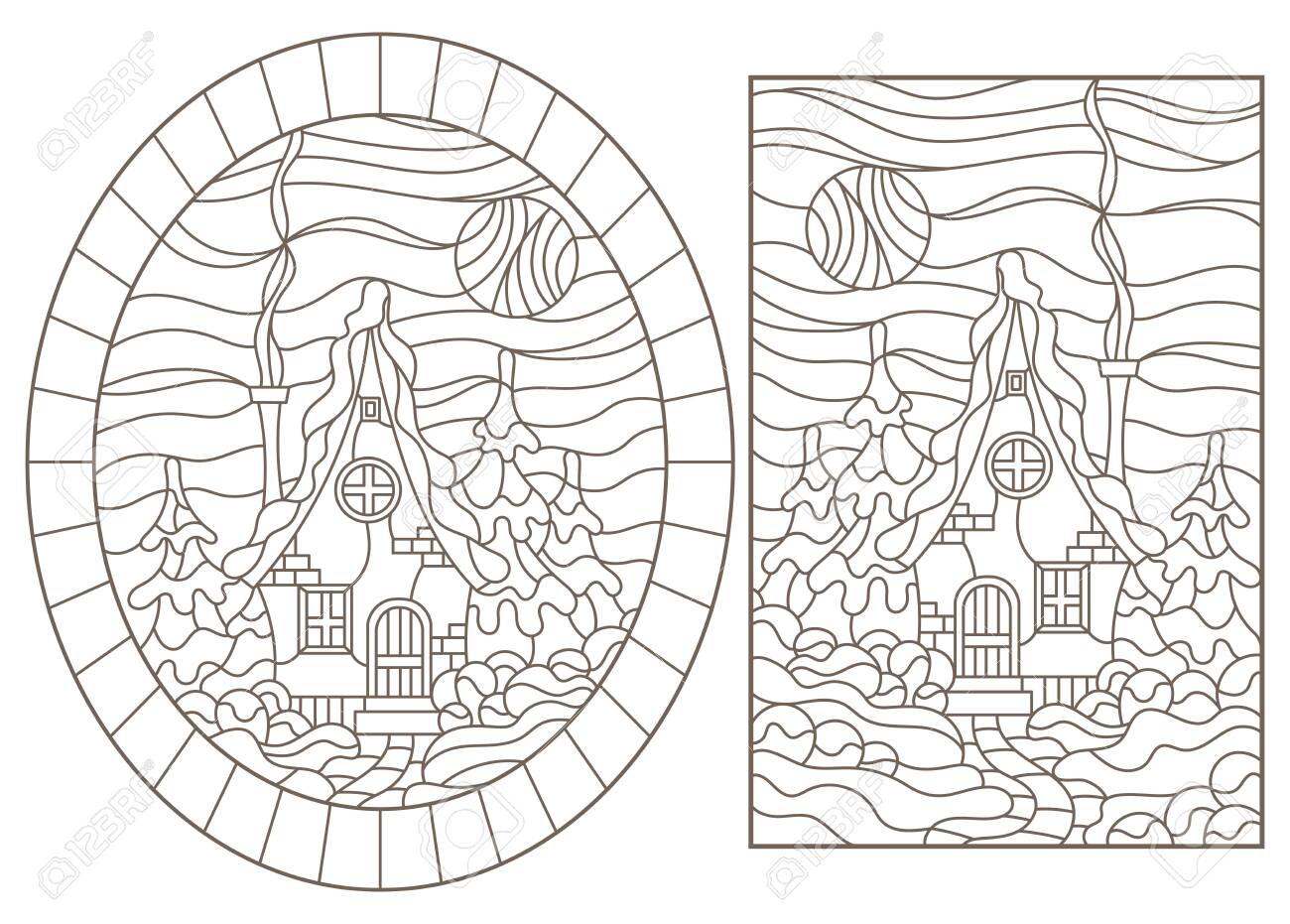 Set contour illustrations of the stained glass windows with the village houses in the background of a winter landscapedark contours on white background royalty free svg cliparts vectors and stock illustration image