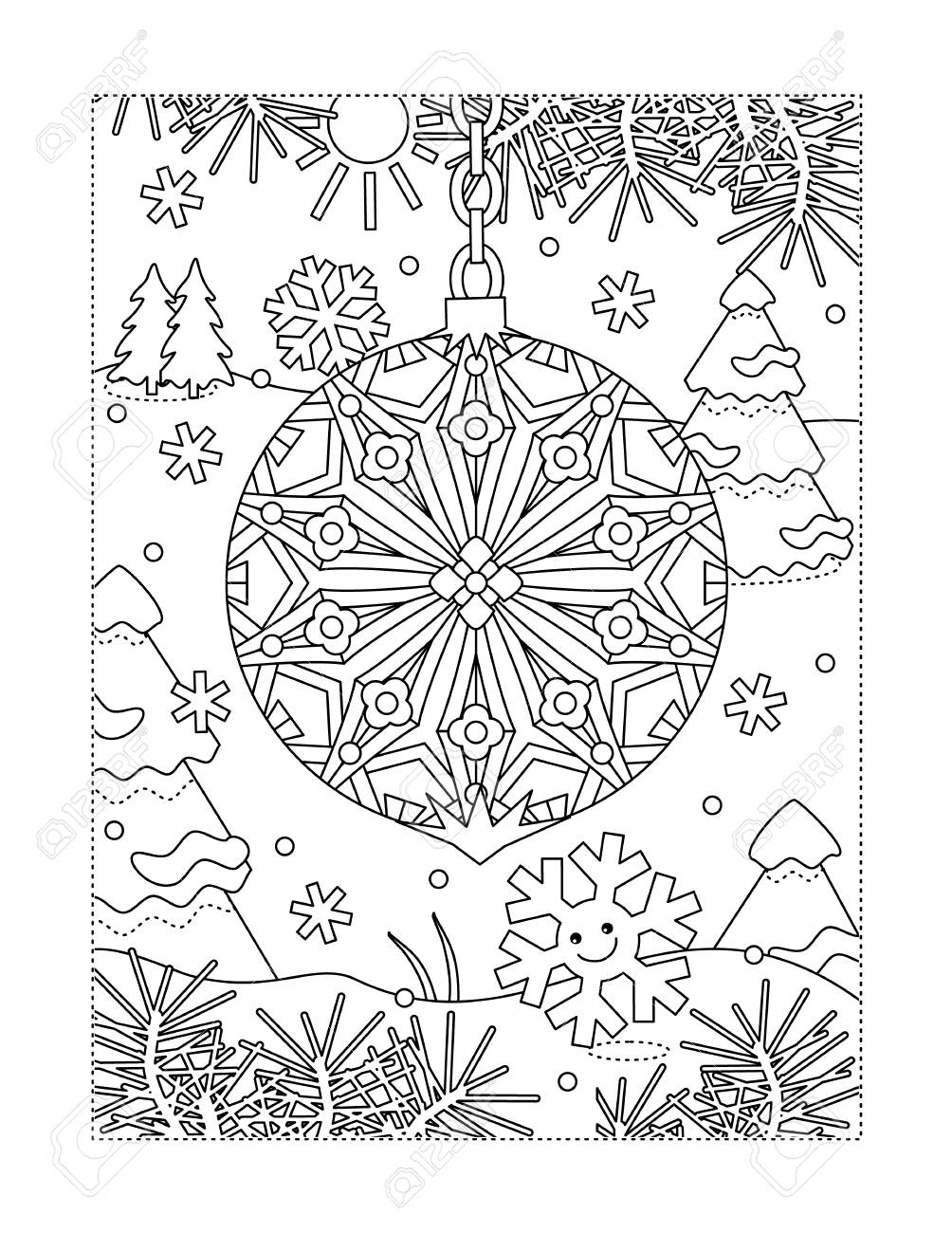 Winter holidays joy themed coloring page with beautiful christmas ornament and outdoor scene royalty free svg cliparts vectors and stock illustration image
