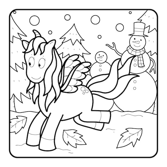 Unicorn winter coloring pages instant download