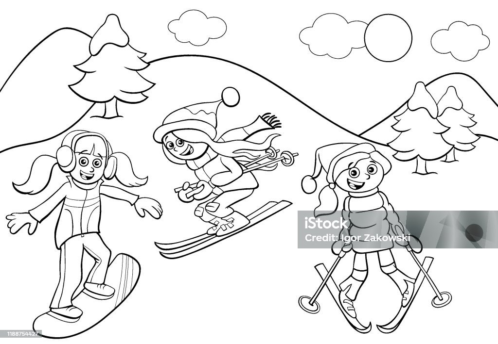Snowboarding and skiing girls cartoon color book page stock illustration