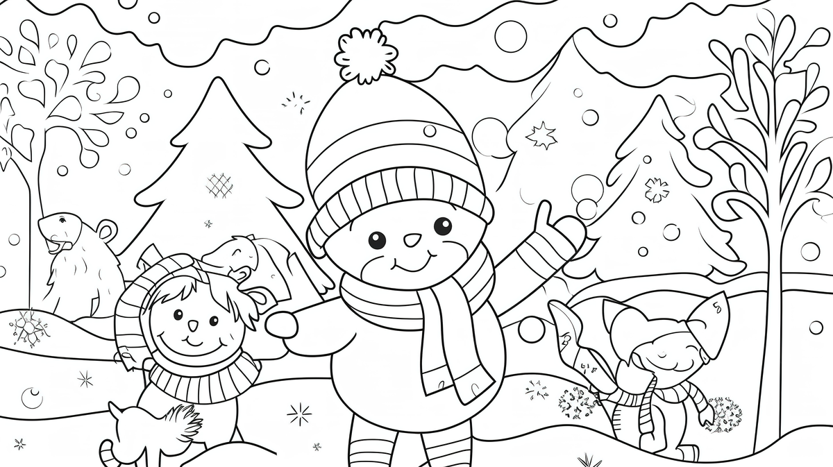 Coloring page for kids of winter with two dogs and a snowman on a winter scene background winter picture to color winter powerpoint winter background image and wallpaper for free download