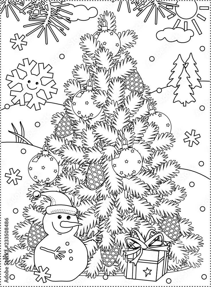 Winter holidays new year or christmas joy themed coloring page with christmas tree cheerful snowman gift box vector