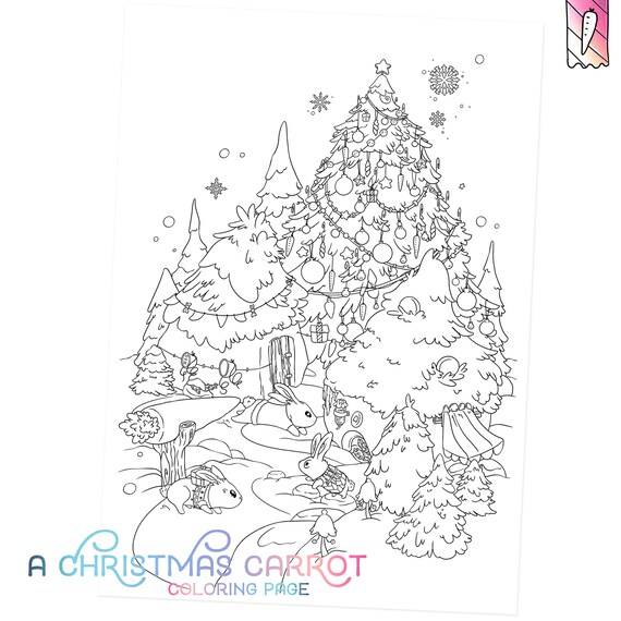 Winter coloring page cute bunnies christmas adult coloring page kawaii rabbit decoration doodle digital download pdf printable by jen katz