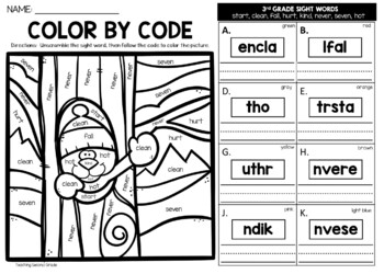 Winter color by sight word rd grade words unscramble the word worksheets