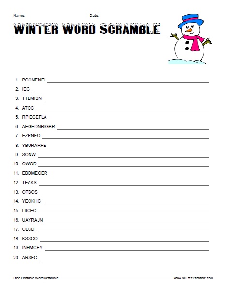 Winter word scramble â free printable