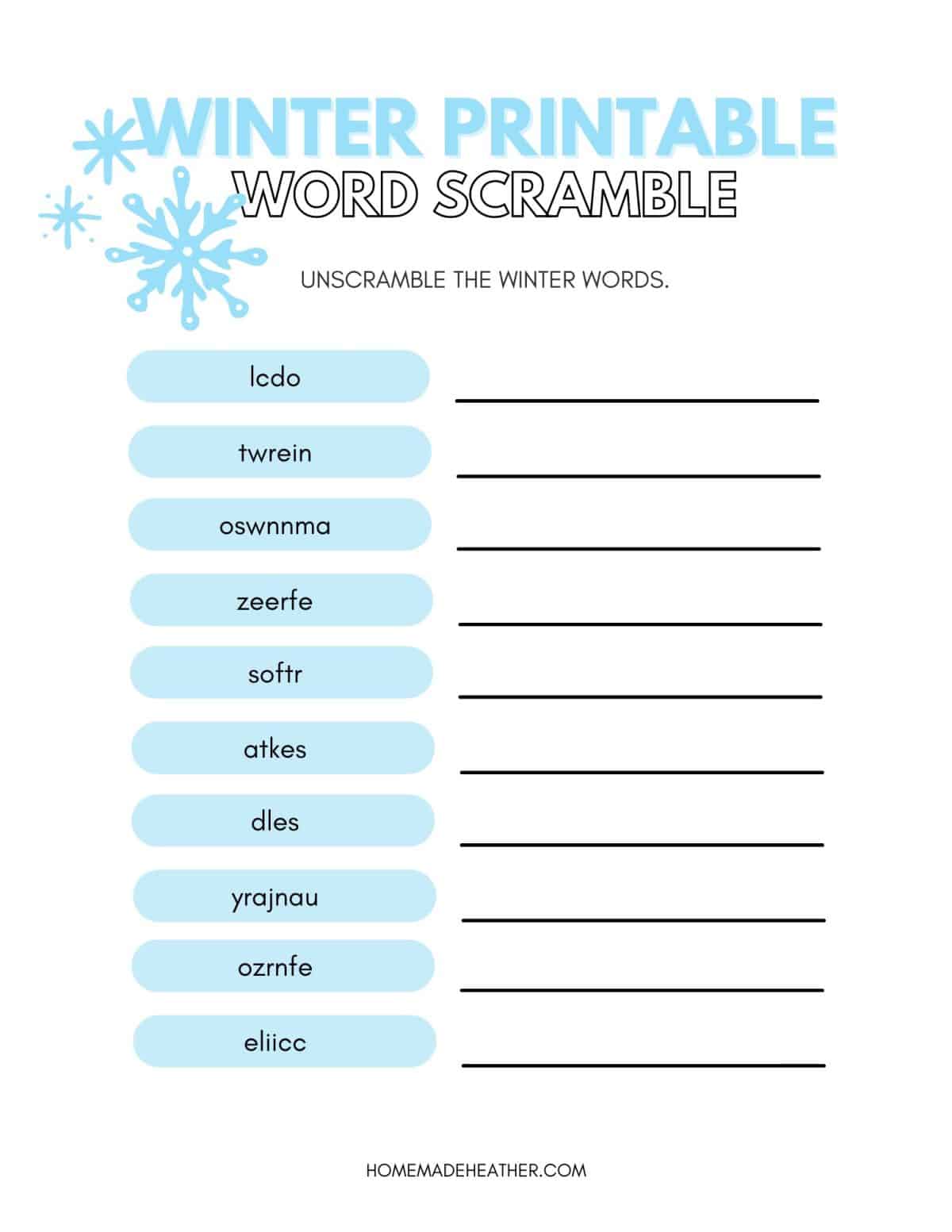 Free winter word scramble printable homemade heather