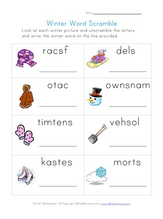 Winter word scramble worksheet all kids network