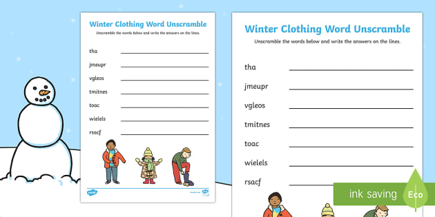 Winter clothing word unscramble teacher made