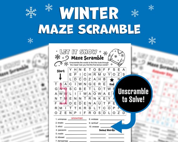 Winter maze printable for kids winter word search word scramble word puzzle winter word game kids activity unscramble words