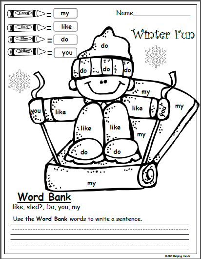 Free winter color by sight word kindergarten writing worksheet made by teachers