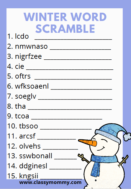 Free printable winter word scramble