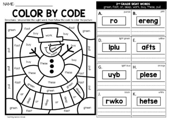 Winter color by sight word nd grade words unscramble the word worksheets