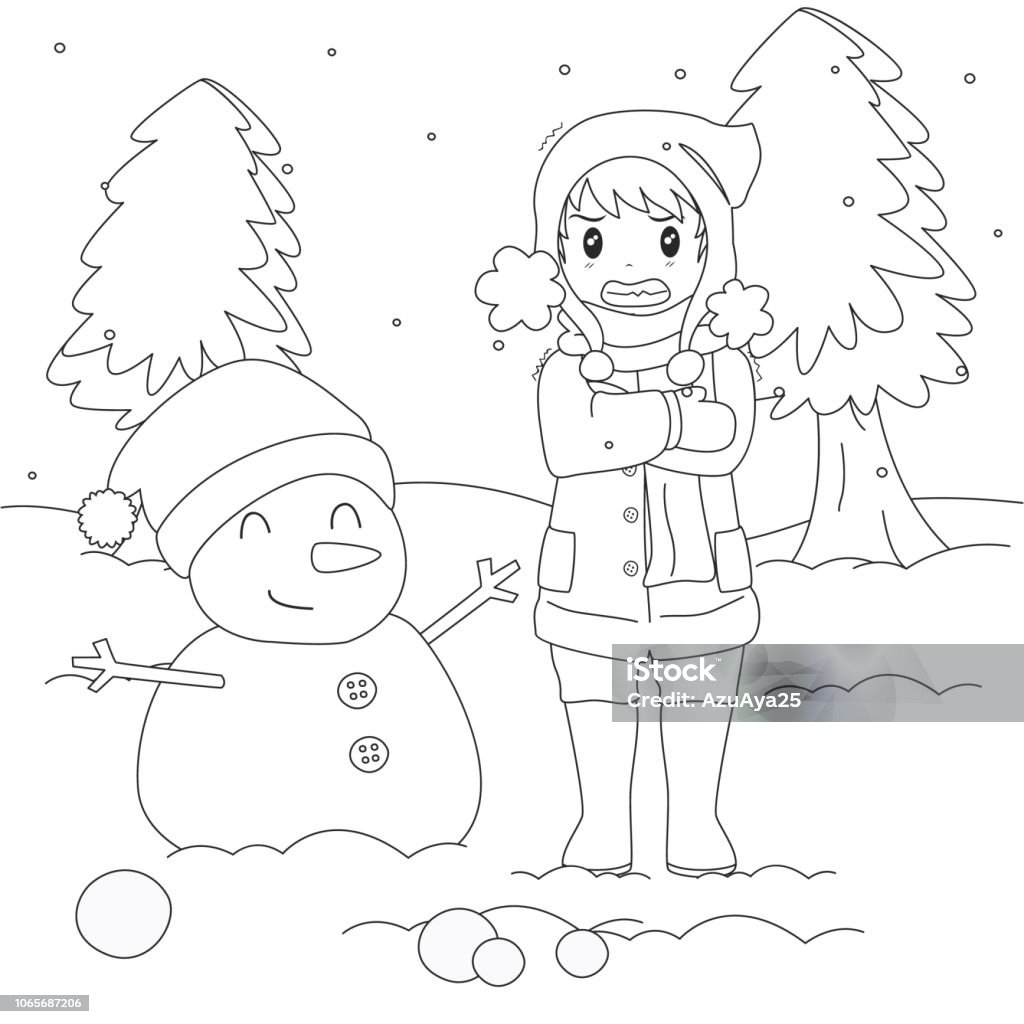 Boy in cold weather coloring page vector template stock illustration