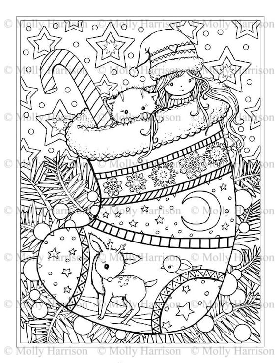 Printable digital download whimsical winter wonderland coloring book by molly harrison cute angels polar bears and more