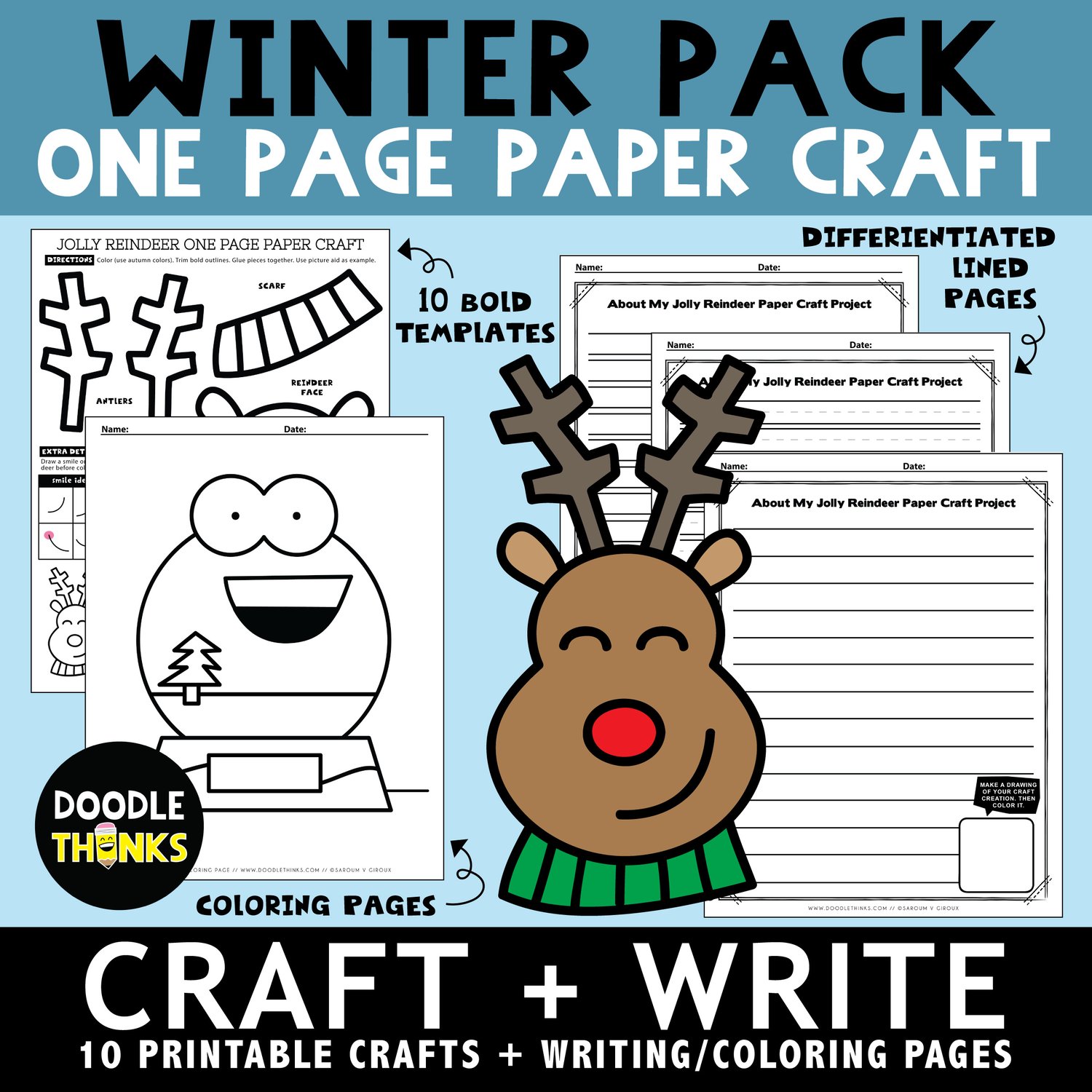 Winter one page paper craft pack with lined writing pages