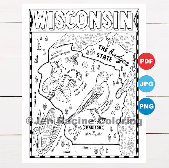 Wisconsin coloring page united states state map wildlife state symbols flowers coloring pages