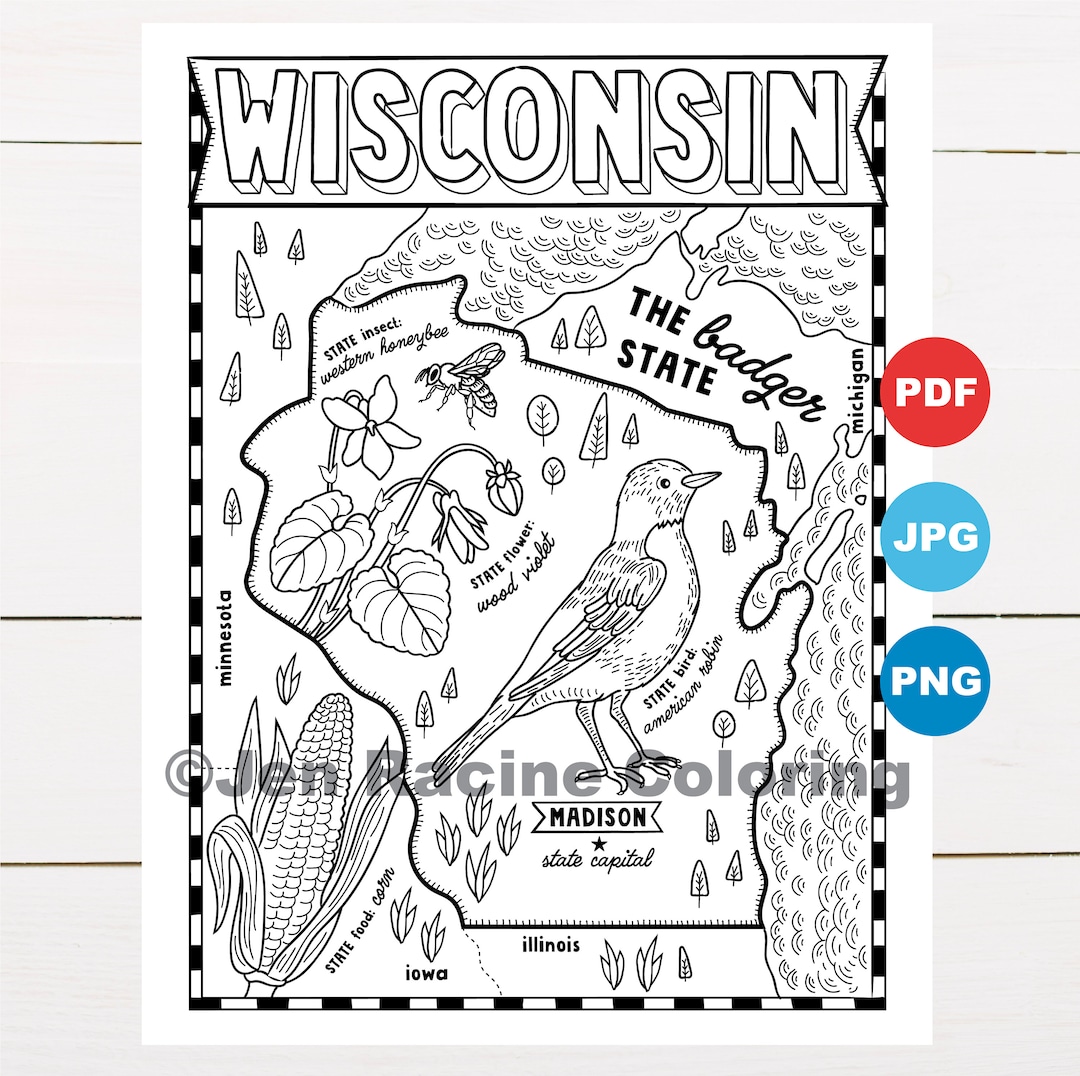 Wisconsin coloring page united states state map wildlife state symbols flowers coloring pages