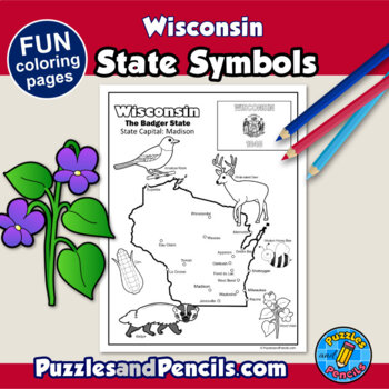 Wisconsin symbols coloring pages with map and state flag state symbols