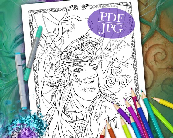 Fantasy coloring page celtic wisdom goddess mythology triskele symbols coloring pages for adults crafts printable pdf jpg