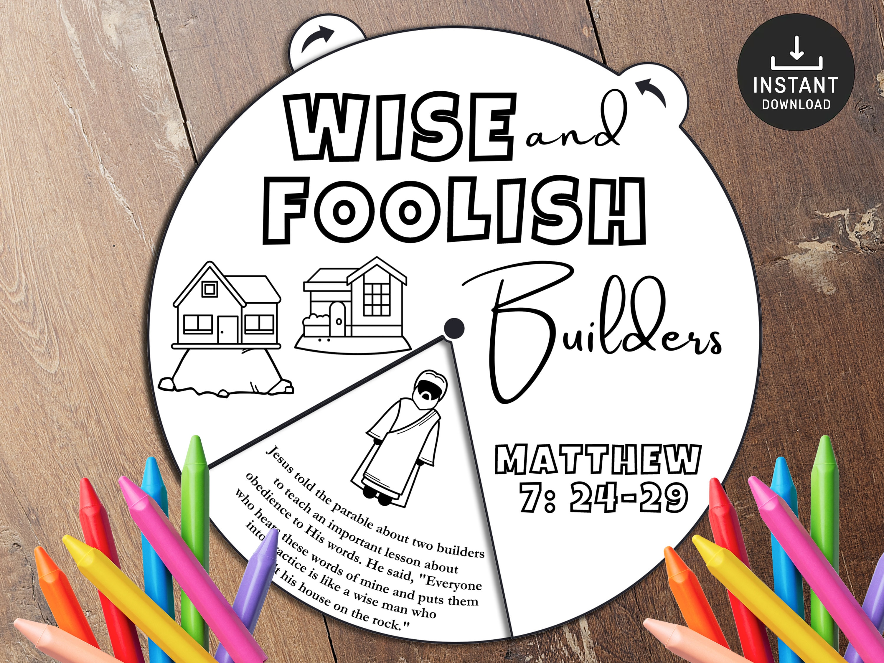 Wise and foolish builders coloring wheel printable bible activity kids bible lesson memory game sunday school coloring wheel instant download