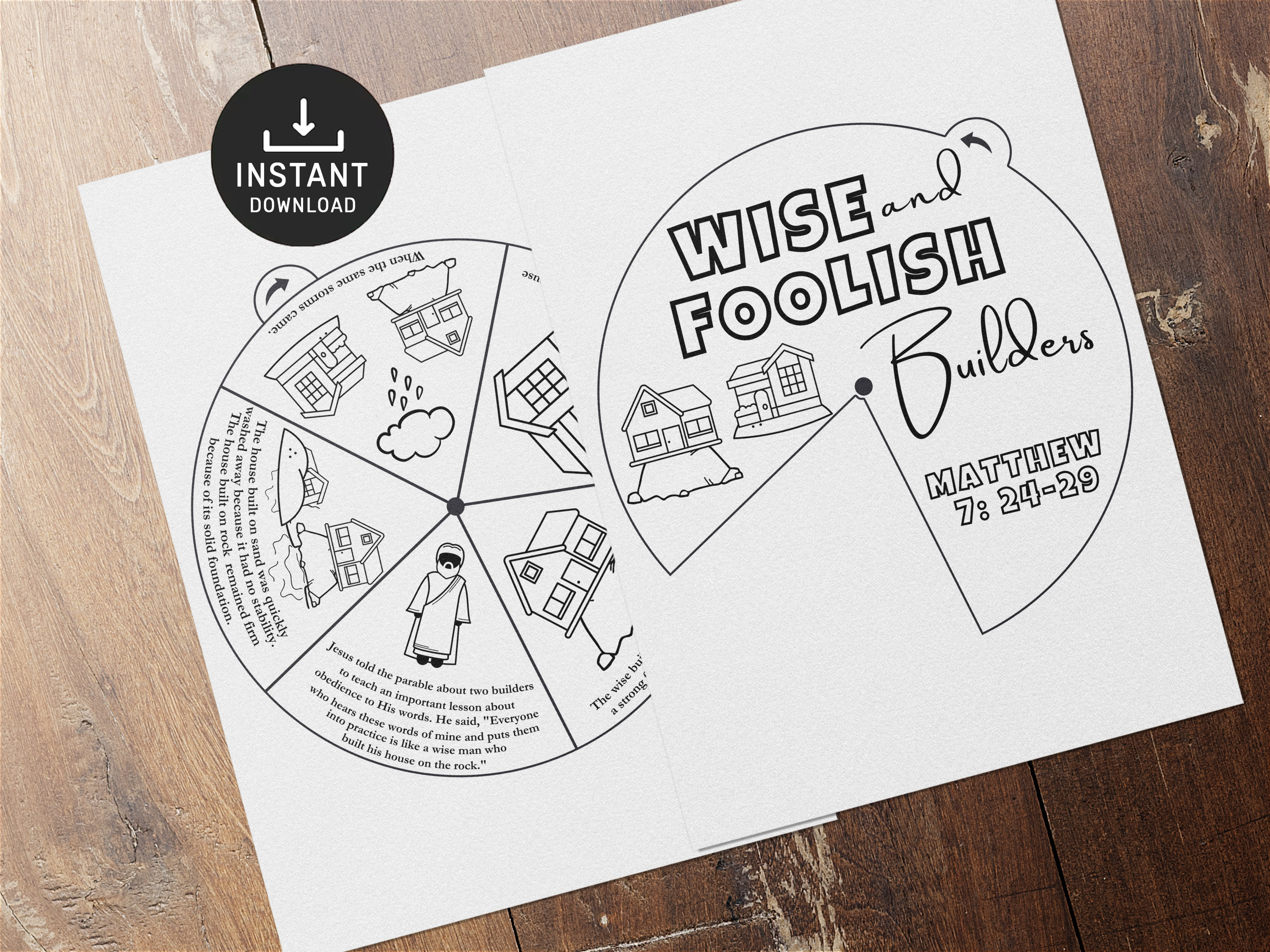 Wise and foolish builders coloring wheel printable bible activity kids bible lesson memory game sunday school coloring wheel instant download