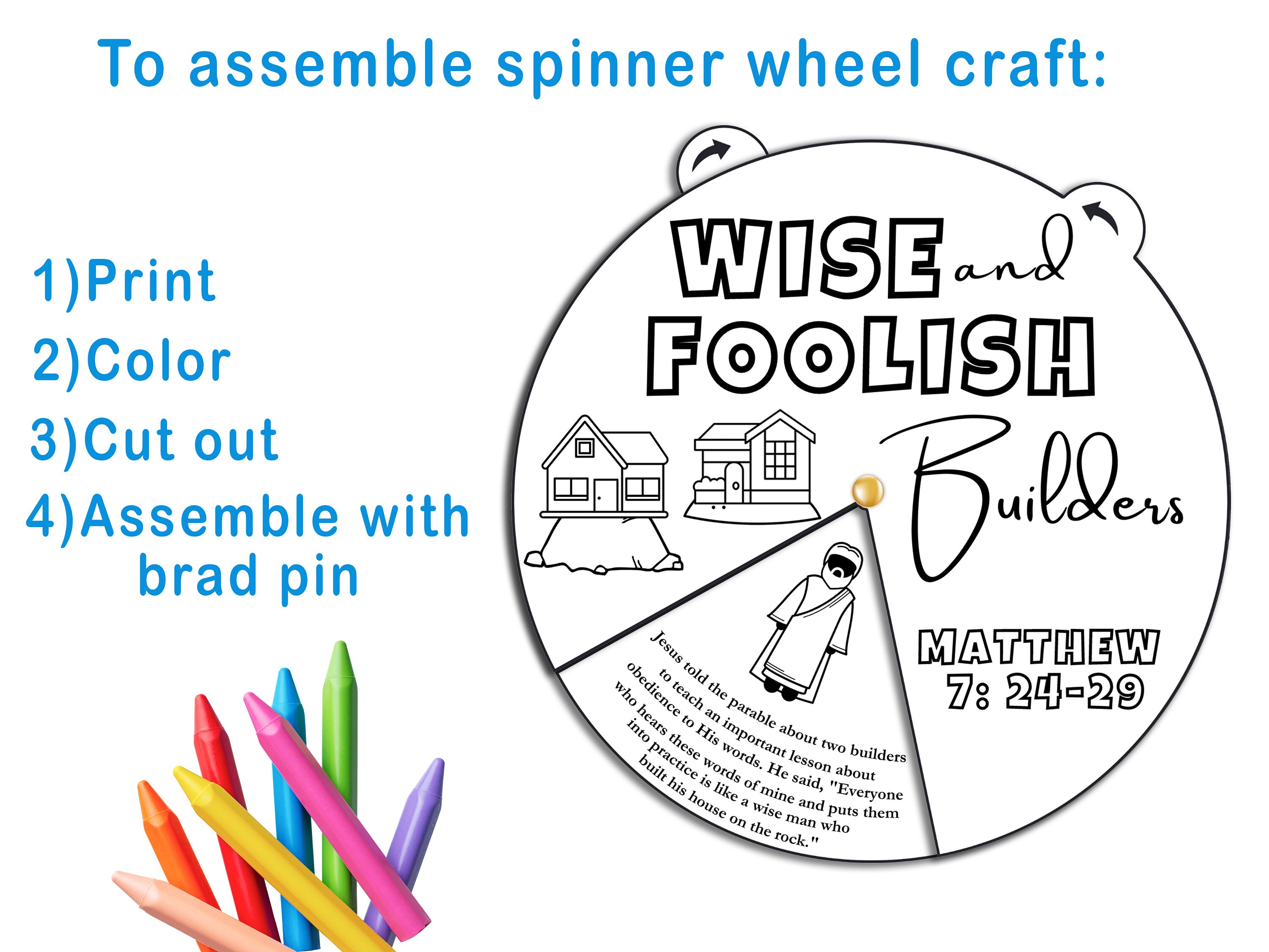 Wise and foolish builders coloring wheel printable bible activity kids bible lesson memory game sunday school coloring wheel instant download