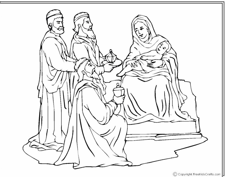 Wisemen at the nativity coloring page