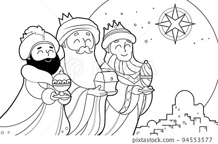 Three wise men with gifts to bethlehem coloring