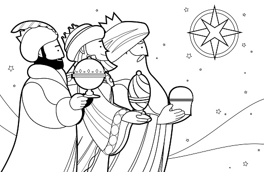 Three kings or magi cartoon outline vector for coloring page stock illustration