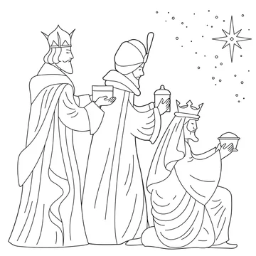 Bible coloring page nativity scene three wise kings card magi men bringing gifts to jesus christian religious illustration happy epiphany day line art design for coloring book vector vector