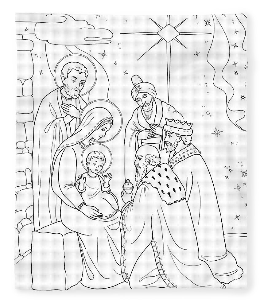 Christmas coloring page with baby jesus mary joseph three wis fleece blanket by olha zolotnyk