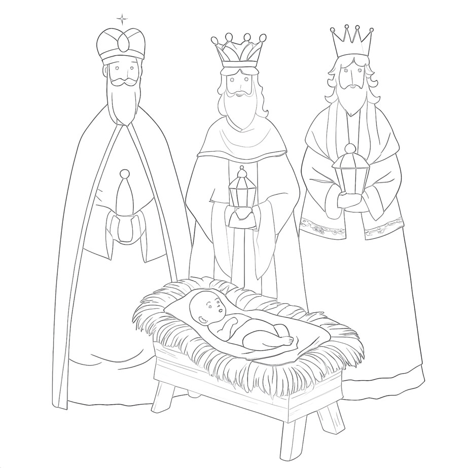 Three wise men visit baby jesus coloring page