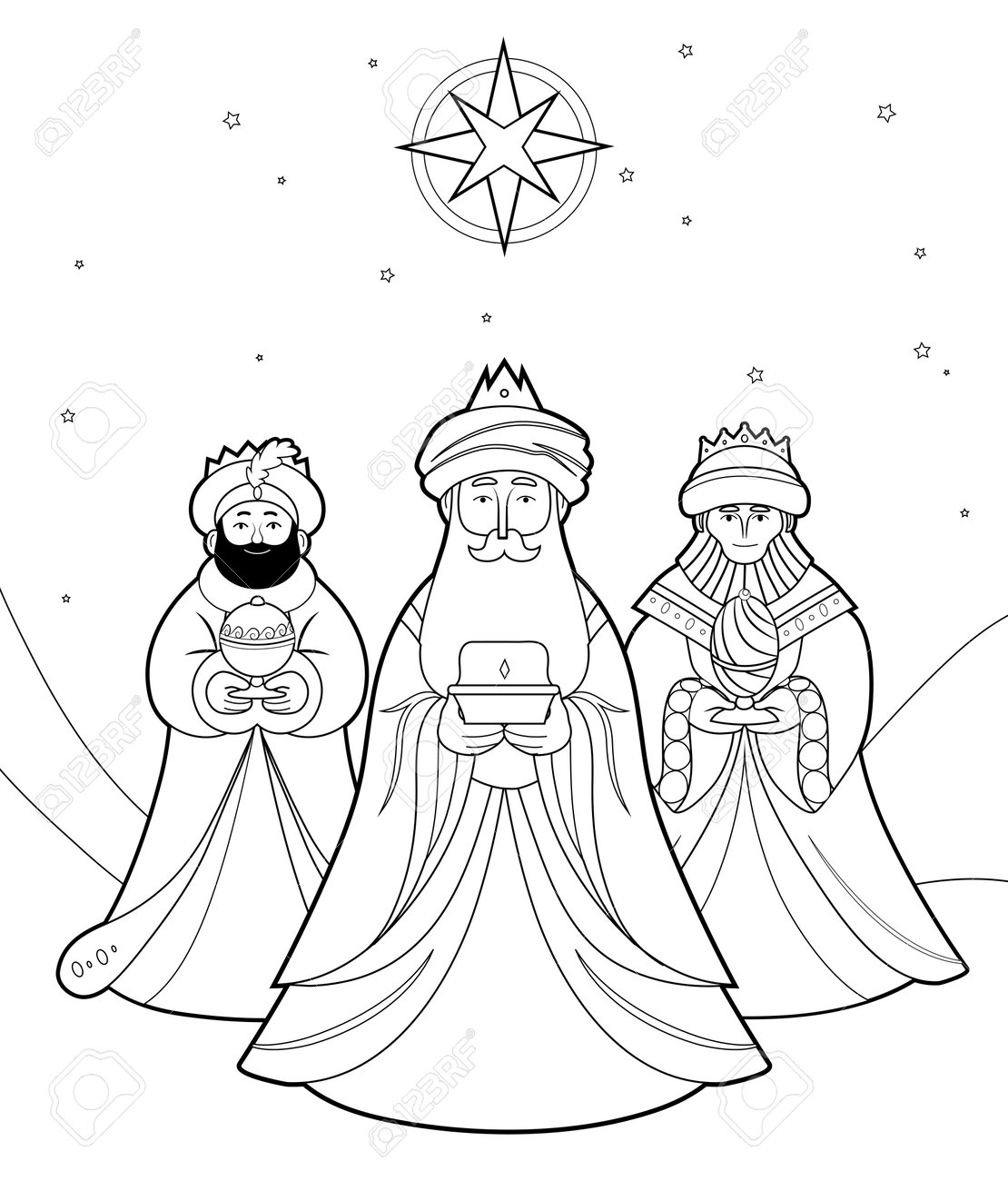 Three wise men three magi outline vector illustration for coloring book page for children epiphany bible cartoon isolated line art characters royalty free svg cliparts vectors and stock illustration image