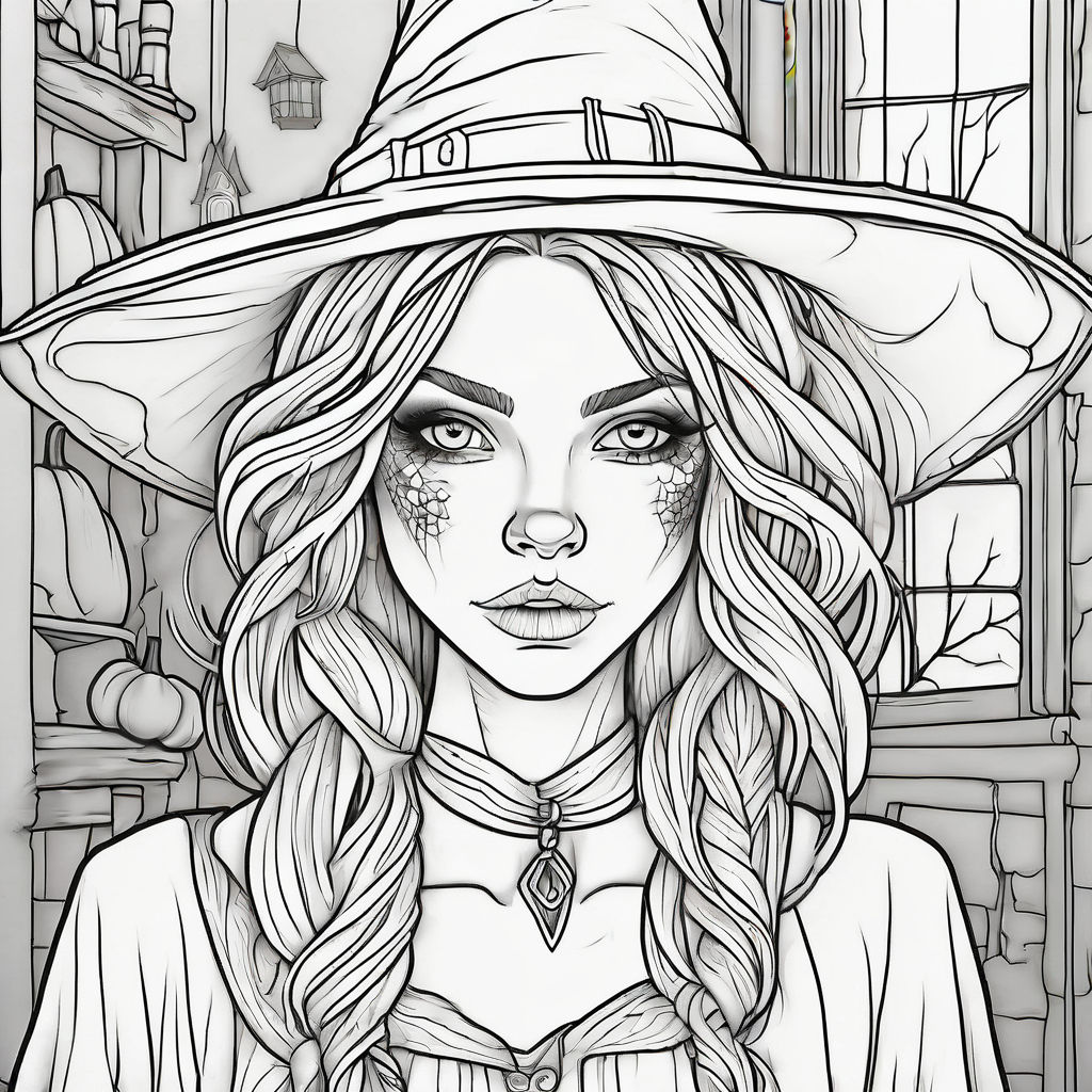 Coloring book page of witch