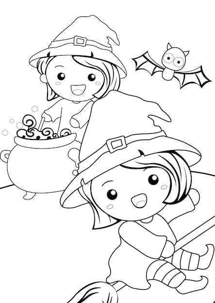 Premium vector cute halloween witch coloring pages a for kids and adult