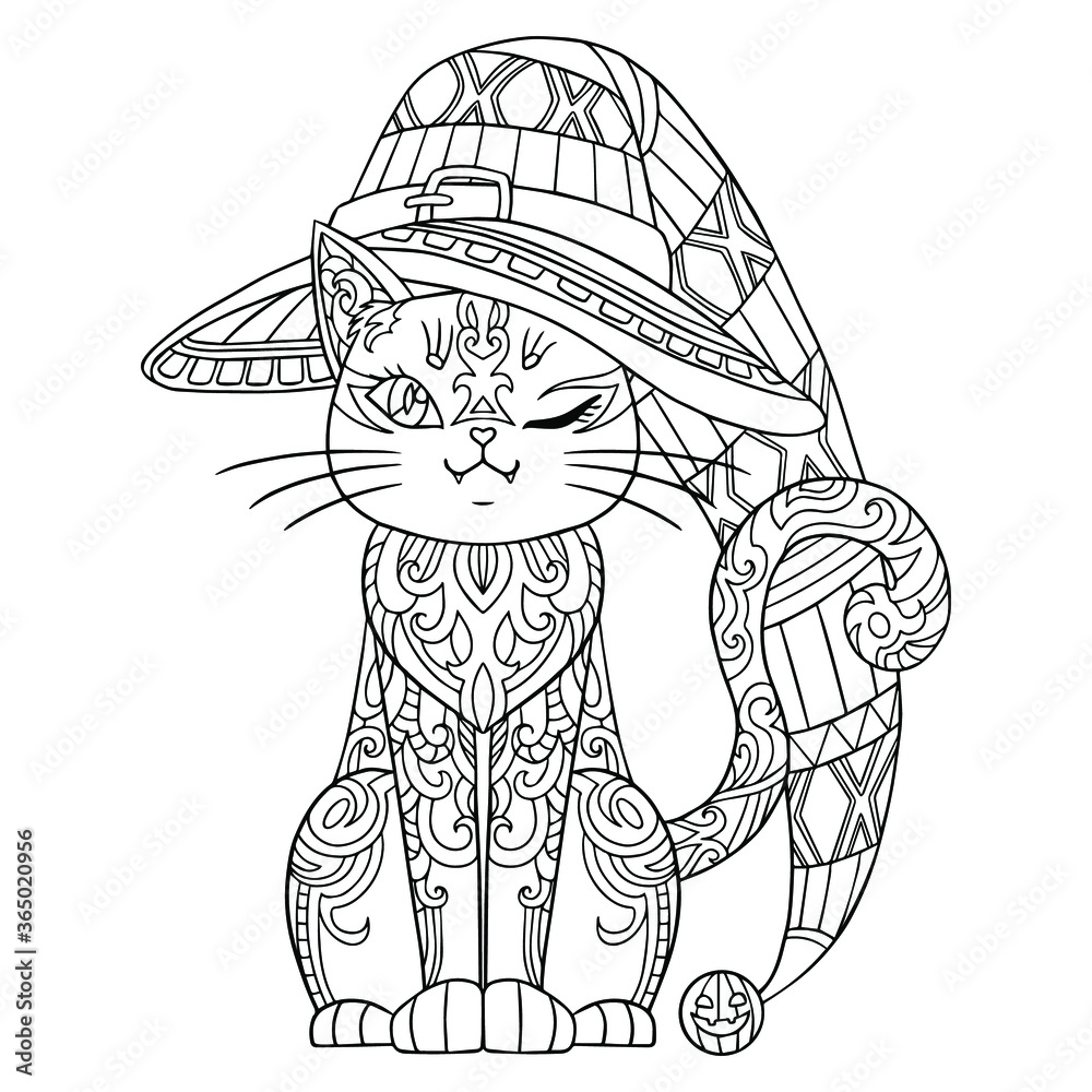 Halloween cat in witch hat vector outline illustration hand drawn doodle for coloring book page for adult trick or treat cartoon kitty for funny celebration isolated on white vector