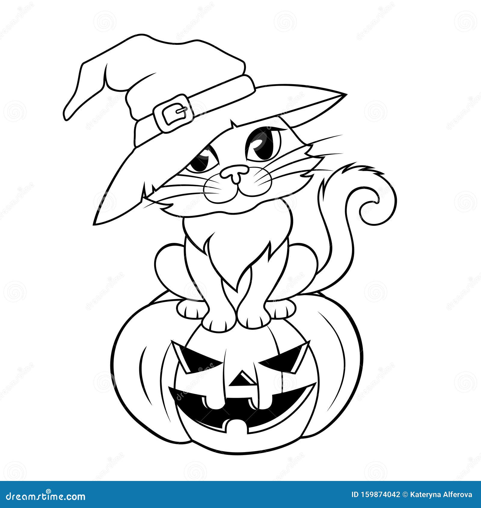 Halloween cat in a witch hat sitting on halloween pumpkin black and white illustration for coloring book stock vector