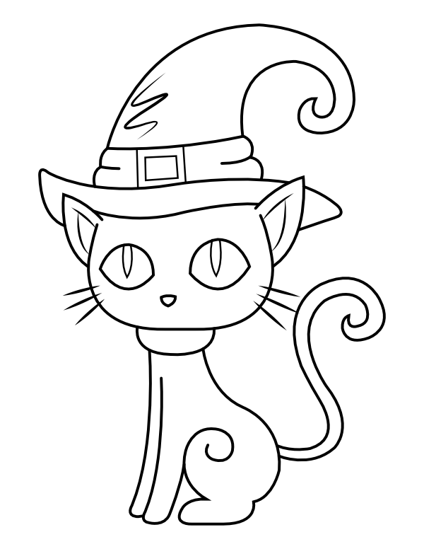 Printable cat in witch hat coloring page